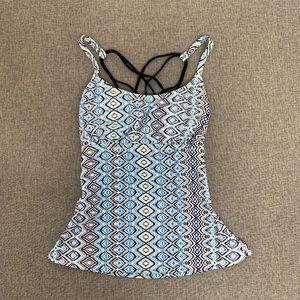 Island Escape Swimwear Tankini Top Blue Black White Size 6 Crisscross Straps Bac